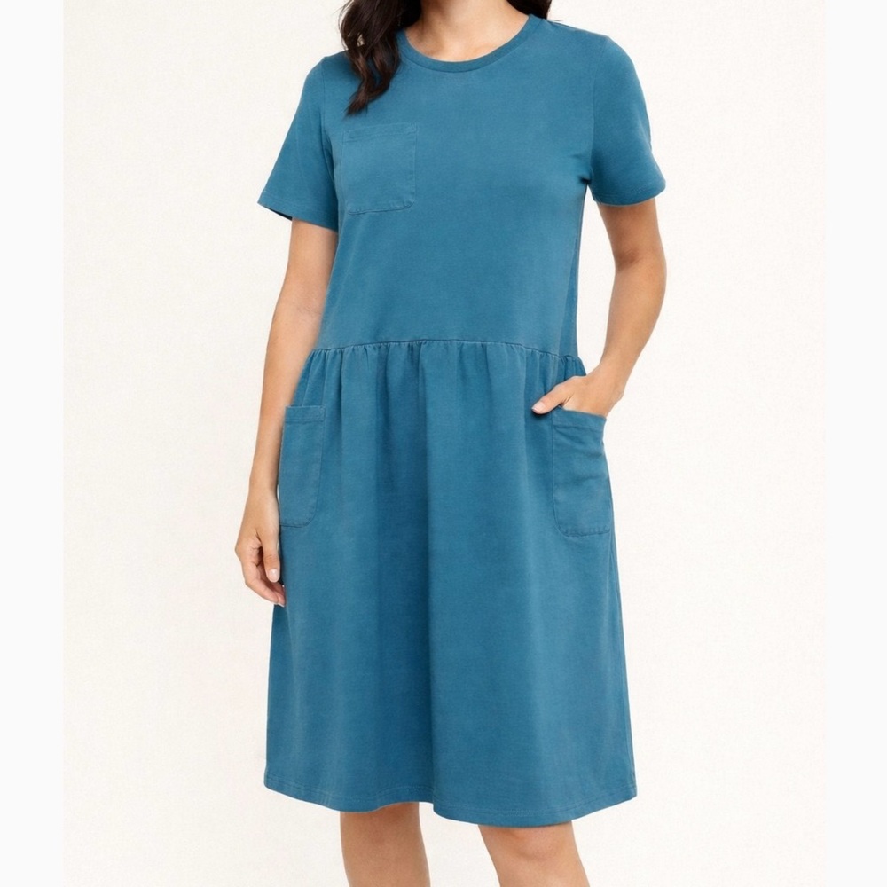 Love, Olive Co Stretchy Loose Teal Drop Waist Midi Dress with Side Pockets Small